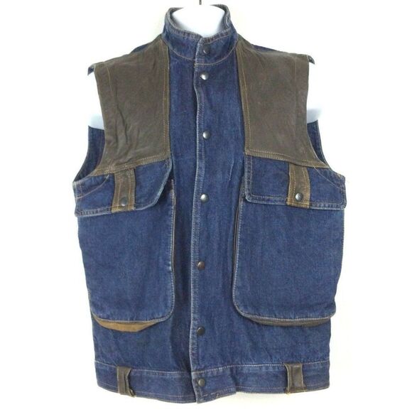 Vintage 80s Denim Faux Leather Mens Vest Large Snap Front Glam Rock Streetwear - Picture 1 of 10
